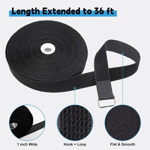 16.4ft x 1in Hook and Loop Straps with 30 Metal Buckles—25 Rectangular & 5 Triangular, Includes Thread Snips, Cut-to-Length Cinch Strap, Heavy Duty Cable Ties, Extra Long Securing Cord, Nylon, Black in Saudi Arabia