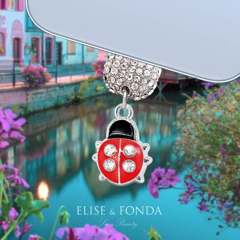 ELISE & FONDA CP440 منفذ شحن USB كريستال مضاد للغبار قابس هاتف Little Ladybug لهاتف iPhone 13/12/11/ XS MAX/XR/X/8 Plus/7/6S/8/SE iPad iPod (أحمر) in Saudi Arabia