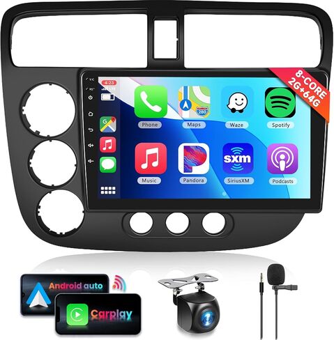 8 CORE 2G+64G لسيارة Honda Civic 2001-2005 ستيريو راديو السيارة مع CarPlay Android Auto، 9 بوصة 1280 * 720P IPS وحدة رأس شاشة تعمل باللمس Android 13 GPS WiFi Bluetooth 32-Band DSP SWC HD Camera in Saudi Arabia