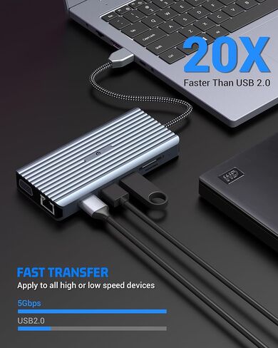 موزع USB C 12 في 1، محطة إرساء USB C، ثلاث شاشات عرض مع VGA، 2 * HDMI، محول Mac Pro/Air USB C (USB A 3.0، 1G Ethernet، PD 100W، ميكروفون 3.5 مم، قارئ SD/TF) دونجل لـ ديل، إتش بي، لينوفو in Saudi Arabia