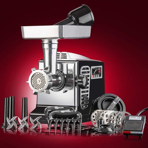 مفرمة لحم كهربائية شديدة التحمل من STX Turboforce II "بلاتينيوم" وحشو سجق: 6 ألواح طحن، 3 شفرات S/S، 3 أنابيب سجق، كبة، 2 مخالب لحم، صانع فطائر برجر سلايدر - أسود in Kuwait