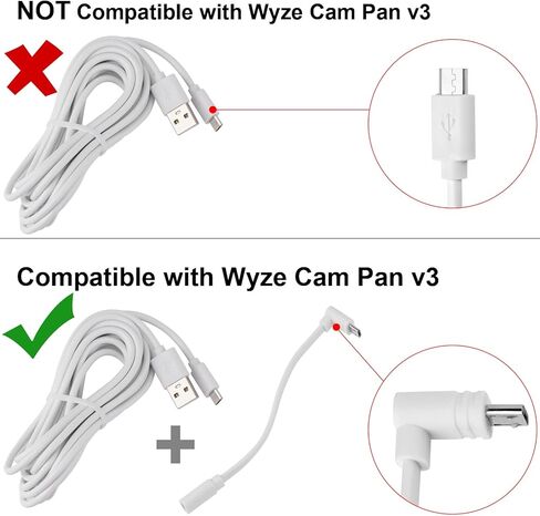 Uogw 4 حزم كابل تمديد Micro-USB 90 درجة متوافق مع Wyze Cam Pan v3 وWyze Cam v3 Pro، سلك موسع ذكر إلى أنثى 5 بوصة لكاميرا WYZE، كابل مسطح على شكل حرف L (أبيض) in Kuwait