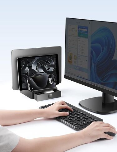 حامل كمبيوتر محمول عمودي من Vaydeer مع درج، حامل كمبيوتر محمول بلاستيكي بفتحات مزدوجة مع تصميم 4 في 1 موفر للمساحة، حامل كمبيوتر محمول قابل للتعديل للمكتب، يدعم MacBook وChromebook وSurface وDell in Saudi Arabia