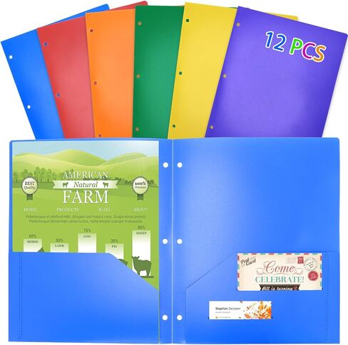 12 Packs Plastic Folders with Pockets and Prongs, Multicolor Pocket Folders with Prongs, 2 Pocket 3 Prong Folders for School, College, Home, Office and Work in Kuwait