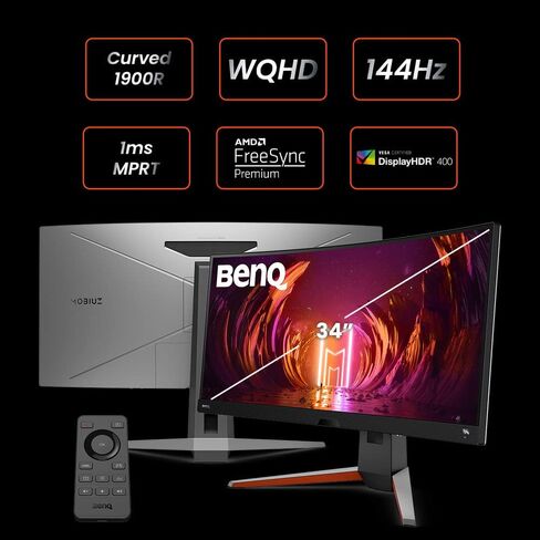 شاشة الألعاب المنحنية BenQ MOBIUZ EX3415R مقاس 34 بوصة 2K 1440p 144 هرتز 1 مللي ثانية مع جهاز تحكم عن بعد | IPS | HDRi | DCI-P3 | 1900R | محسن الألوان | Freesync Premium Pro | الارتفاع والدوران والإمالة | 2.1 قناة مع 5 وات فرعية | محور USB in Kuwait