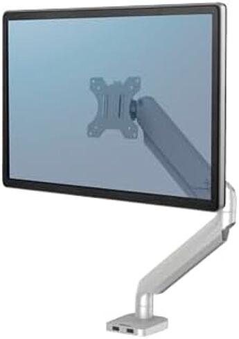 ذراع شاشة واحدة من سلسلة Fellowes Platinum لشاشات مقاس 32 بوصة، حركة كاملة، دوران 360 درجة، حامل VESA مع حلقة أو مشبك، منافذ USB، مريح، فضي، 8056401 in Saudi Arabia