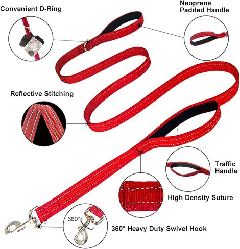 Dual Padded Handle Walking And Training Standard Leashes For Large Dogs With Reflective Stitching, 360° Rotatable Heavy Duty Metal Buckle,D-Ring,Durable Nylon, 6Ft Long For Big Dogs Over 70 Pounds Red in Saudi Arabia