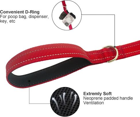 Dual Padded Handle Walking And Training Standard Leashes For Large Dogs With Reflective Stitching, 360° Rotatable Heavy Duty Metal Buckle,D-Ring,Durable Nylon, 6Ft Long For Big Dogs Over 70 Pounds Red in Saudi Arabia