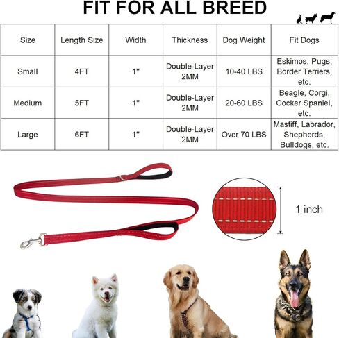 Dual Padded Handle Walking And Training Standard Leashes For Large Dogs With Reflective Stitching, 360° Rotatable Heavy Duty Metal Buckle,D-Ring,Durable Nylon, 6Ft Long For Big Dogs Over 70 Pounds Red in Saudi Arabia