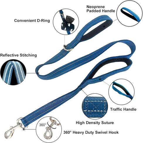 Dual Padded Handle Walking And Training Standard Leashes For Large Dogs With Reflective Stitching, 360° Rotatable Heavy Duty Metal Buckle,D-Ring,Durable Nylon, 6Ft Long For Big Dogs Over 70 Pounds Red in Kuwait