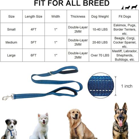 Dual Padded Handle Walking And Training Standard Leashes For Large Dogs With Reflective Stitching, 360° Rotatable Heavy Duty Metal Buckle,D-Ring,Durable Nylon, 6Ft Long For Big Dogs Over 70 Pounds Red in Kuwait