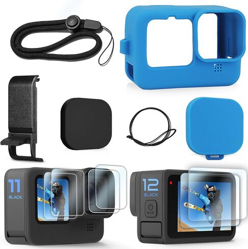 FitStill Blue Silicone Sleeve Case for Go Pro Hero 11 Hero 10 Hero 9 Black, Battery Side Cover&Screen Protectors&Lens Caps&Lanyard for Go Pro Hero 11 /10 / 9 Accessories Kit in Saudi Arabia