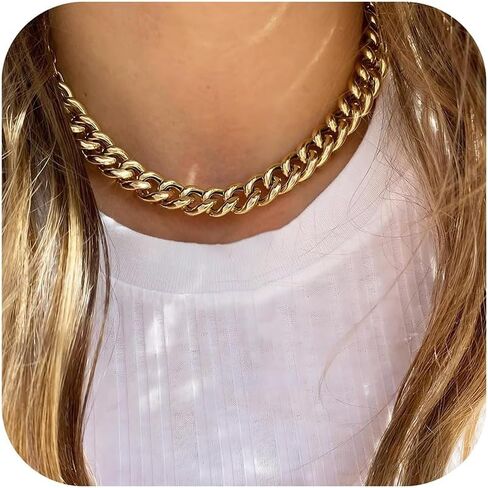 NOKMIT Cuban Link Curb Chain Necklace for Women Men Dainty 18K Gold Silver Tone Diamond Cut Punk Hip Hop Choker Necklace Trendy Statement Chunky Cuban Link Jewelry Gifts Unisex Size 5mm/13mm/16mm in Kuwait