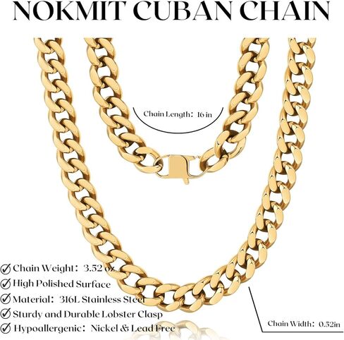 NOKMIT Cuban Link Curb Chain Necklace for Women Men Dainty 18K Gold Silver Tone Diamond Cut Punk Hip Hop Choker Necklace Trendy Statement Chunky Cuban Link Jewelry Gifts Unisex Size 5mm/13mm/16mm in Kuwait