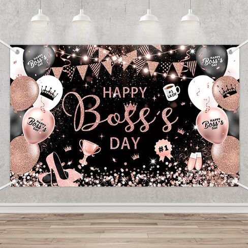 MEHOFOND Happy Boss's Day Backdrop Banner, Black and Gold Best Boss Ever Photography Background, Balloons Flags International Boss's Day Office Party Decor, Cake Table Banner, Photo Prop 70.8x43.3Inch in Saudi Arabia