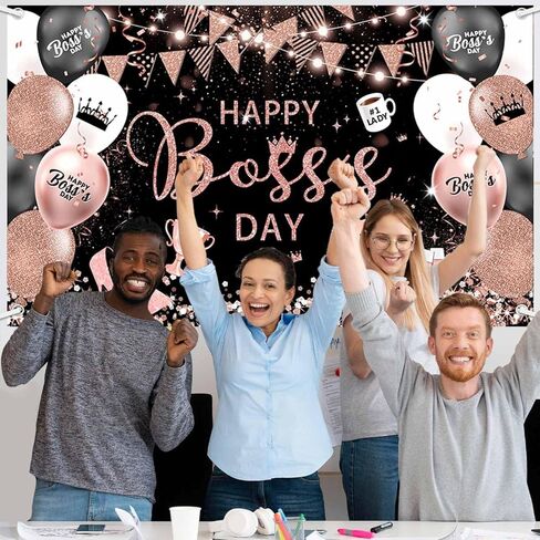 MEHOFOND Happy Boss's Day Backdrop Banner, Black and Gold Best Boss Ever Photography Background, Balloons Flags International Boss's Day Office Party Decor, Cake Table Banner, Photo Prop 70.8x43.3Inch in Saudi Arabia
