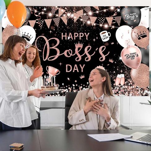 MEHOFOND Happy Boss's Day Backdrop Banner, Black and Gold Best Boss Ever Photography Background, Balloons Flags International Boss's Day Office Party Decor, Cake Table Banner, Photo Prop 70.8x43.3Inch in Saudi Arabia