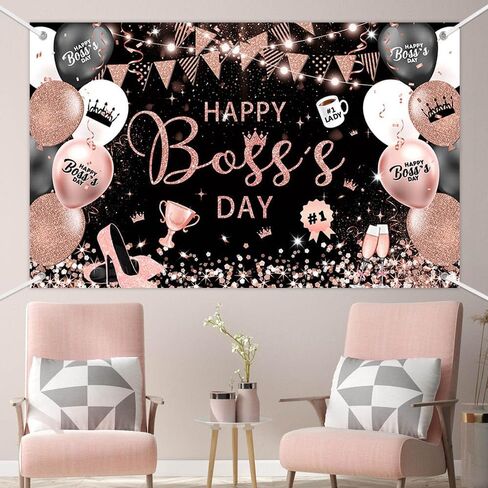MEHOFOND Happy Boss's Day Backdrop Banner, Black and Gold Best Boss Ever Photography Background, Balloons Flags International Boss's Day Office Party Decor, Cake Table Banner, Photo Prop 70.8x43.3Inch in Saudi Arabia