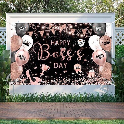 MEHOFOND Happy Boss's Day Backdrop Banner, Black and Gold Best Boss Ever Photography Background, Balloons Flags International Boss's Day Office Party Decor, Cake Table Banner, Photo Prop 70.8x43.3Inch in Saudi Arabia