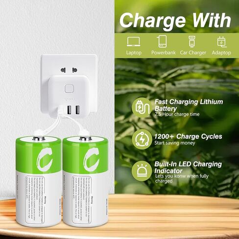 C Batteries Rechargeable with USB 4 in 1 Cable 8 Pack C Size Cell Lithium Batteries LR141.5V Li-ion Power for Long-Lasting Use in Floodlights in Kuwait