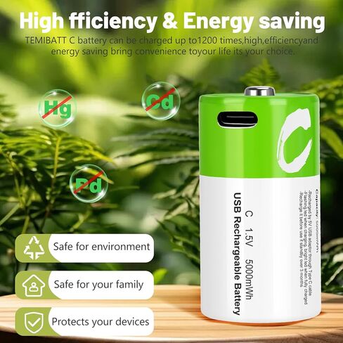 C Batteries Rechargeable with USB 4 in 1 Cable 8 Pack C Size Cell Lithium Batteries LR141.5V Li-ion Power for Long-Lasting Use in Floodlights in Kuwait