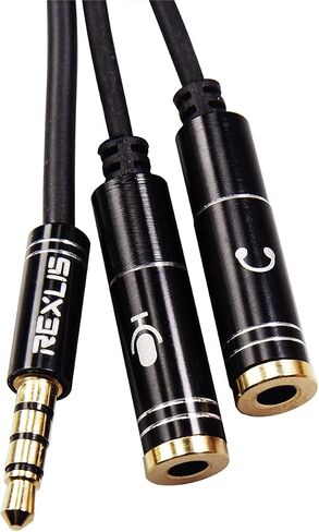 كابل صوت ستيريو مقسم Y أسود 3.5 مم من REXUS ذكر 4 أقطاب إلى 2 أنثى لسماعات الرأس، كابل تمديد محول مقسم سماعة الرأس، الهاتف المحمول المتوافق والكمبيوتر المحمول الإصدار الجديد (M22F35H) in Saudi Arabia