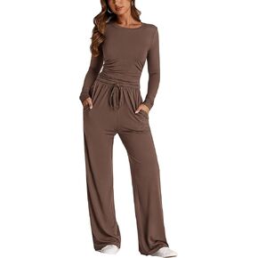 PRETTYGARDEN Women's Fall Two Piece Outfits Track Suits Long Sleeve Crop Tops Tee Shirts Wide Leg Pants Matching Lounge Sets