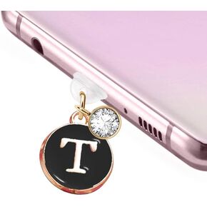 ELISE & FONDA TP46 Type-C USB Charging Port Anti Dust Plug Round Letter T Pendant Cell Phone Charm for Samsung/Huawei/OnePlus/Xiaomi/Oppo New Android Phones(Black)