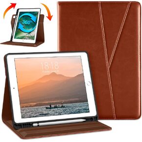DTTO Rotating Case for iPad 6th / 5th Generation 9.7 Inch 2018/2017, iPad Air 2 / Air 1 Case, 360 Degree Swiveling Premium Leather Folio Stand Cover with Pencil Holder - Auto Wake/Sleep, Brown