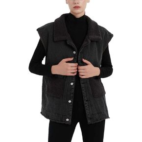 Shebote Womens Sherpa Fleece Lined Denim Vest Loose Sleeveless Wool Warm Jean Jacket Waistcoat Outwear Gilet with Pockets