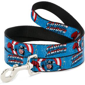 Buckle-Down Pet Leash - CAPTAIN AMERICA w/Action Pose Weathered Blue - 6 Feet Long - 1" Wide