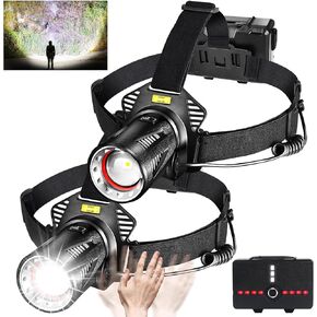 Aikertec Headlamp Rechargeable 2 Pack, 120000 Lumen Bright Headlamp for Adults, with Motion Sensor, 7 Modes, Zoom, Head lamp Battery Powered, Flashlight Headlamp for Hardhat, Running(2 Pack)