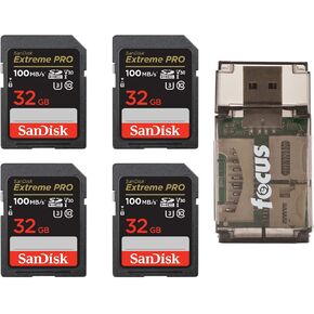 SanDisk 32GB Extreme Pro SDHC and SDXC UHS-I Memory Card (4-pack) Bundle with Focus All-In-One High Speed Card Reader (5 Items)