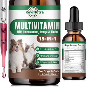 Dog Vitamins and Supplements - Dog Multivitamin Liquid Drops, 15 in 1 Pet Vitamins Supplement for Dogs & Cats - Support Joint, Gut, Immune, Digestion, Heart, Skin & Coat, 2 Fl Oz