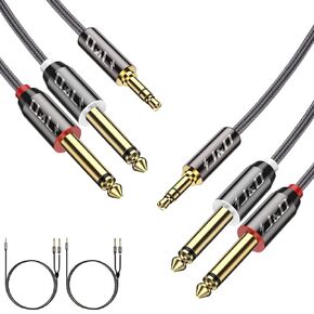 J&D 2-Pack 3.5mm 1/8 in TRS Male to Dual 6.35mm 1/4 in TS Male Mono Stereo Y-Cable Splitter for Amplifier/Mixer Audio Recorder, Zinc Alloy Housing, Nylon Braid, Gold Plated Copper Shell, 9 Feet