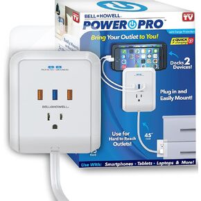 Power Pro Outlet Extender with 45" Cord – Easy-Install Power Strip Electric Surge Protector, USB Wall Charger, 3 Power Outlets, Docking Station, White, Bell+Howell, As Seen On TV