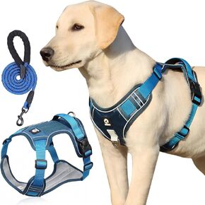 Dog Harness and Leash Set with Handle - Adjustable No-Pull Harness and Leash Set with 2 Leash Clips, Soft Padded Reflective Vest for Easy Control (L)