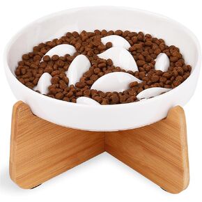 Elevated Slow Feeder Cat Bowl, Ceramic Slow Eating Bowl for Cat and Small Dog Fish Pool Design with High Edges, Pet Puzzle Feeder with Stand for Healthy Eating Diet (White)
