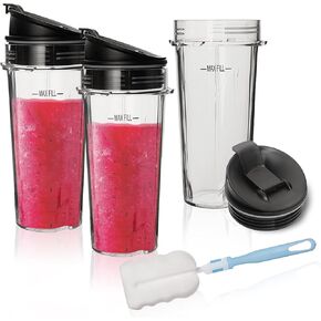 Blender Replacement Parts for Ninja, 3 Pack 16 oz Blender Cups with Lid Replacement Compatible with Nutri Ninja Compact Personal Blender QB3001SS BL660 BL770 BL740 BL810 with Cleaning Brush