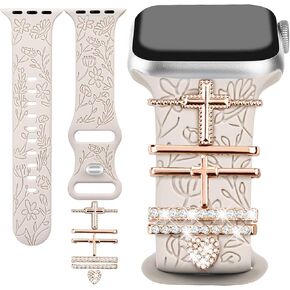 JR.DM Floral Engraved Band Compatible with Apple Watch Band 40mm 41mm 38mm Women, Soft Silicone Dressy Straps & Decorative Apple Watch Charms for iWatch Series 9 8 7 6 5 4 3 2 1 SE (With Band)