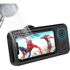 Wireless Bluetooth Speaker for Bathroom, Shower Phone Holder Speaker - Waterproof 360 Rotation Viewable Shower Phone Case Speakers for Bathroom Wall Mirro Compatible with iPhone/Samsung Galaxy(Black)