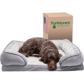 Furhaven Cooling Gel Dog Bed for Large/Medium Dogs w/ Removable Bolsters & Washable Cover, For Dogs Up to 55 lbs - Plush & Velvet Waves Perfect Comfort Sofa - Granite Gray, Large