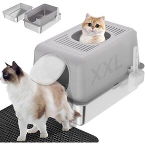 Stainless Steel Litter Box, Large Top Entry Litter Box for Big Cats, Cat Litter Box Enclosure High Sides with Lid, Enclosed Metal Kitty Litter Boxes Pan Tray with Scroop and Mat (White)