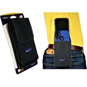 Nylon Cell Pouch for Motorola Moto G Play 2024/2023/ 2022/2021 Rugged Phone Holster, Belt Loop Clip Holder, Magnetic Closure, Fits Slim Or Commuter Case (Black-Vertical)