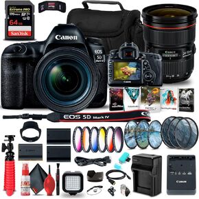 Canon EOS 5D Mark IV DSLR Camera with 24-70mm f/4L Lens (1483C018) + Canon EF 24-70mm f/2.8L II USM Lens (5175B002) + 64GB Memory Card + Color Filter Kit + 2 x LPE6 Battery + More (Renewed)