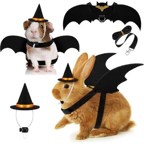 Halloween 2 Sets Pet Costume Bat Wings Harness Leash Bat Wing Witch Hats Pulling Rope for Small Animals Guinea Pig Rabbits Puppies and Small Cats
