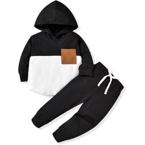 Toddler Boy Fall Winter Clothes Waffle Hooded Sweatshirt Tops Pant Outfit Color Block Long Sleeve Clothing
