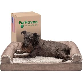 Furhaven Cooling Gel Dog Bed for Medium/Small Dogs w/ Removable Bolsters & Washable Cover, For Dogs Up to 35 lbs - Luxe Faux Fur & Performance Linen Sofa - Woodsmoke, Medium
