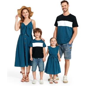 PATPAT Matching Family Outfits Mommy and Me Spaghetti Strap Casual Sleeveless Dresses and Short-Sleeve T-Shirts Sets