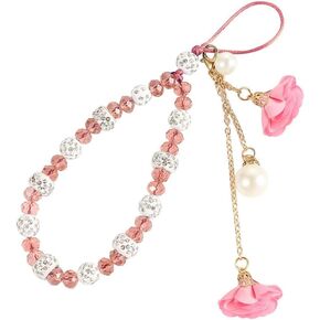 Pink Mobile Phone Strap Bling Lanyard Bracelet Hand Strap Hanging Cord Flower Pendant Short Cord Wrist Straps Cell Phone Charms for Phone Case